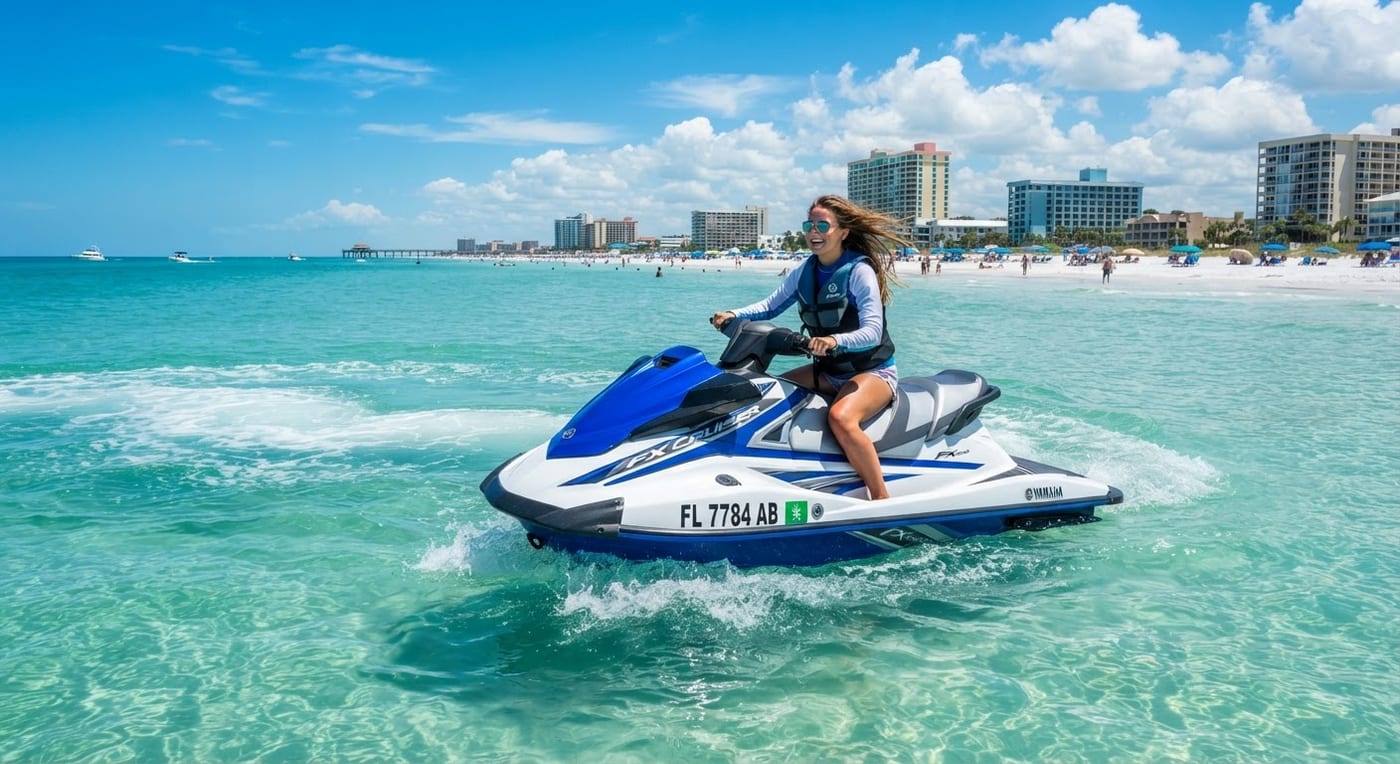 Una persona en moto acuática sobre el agua turquesa de Clearwater Beach, con el muelle y la orilla al fondo.