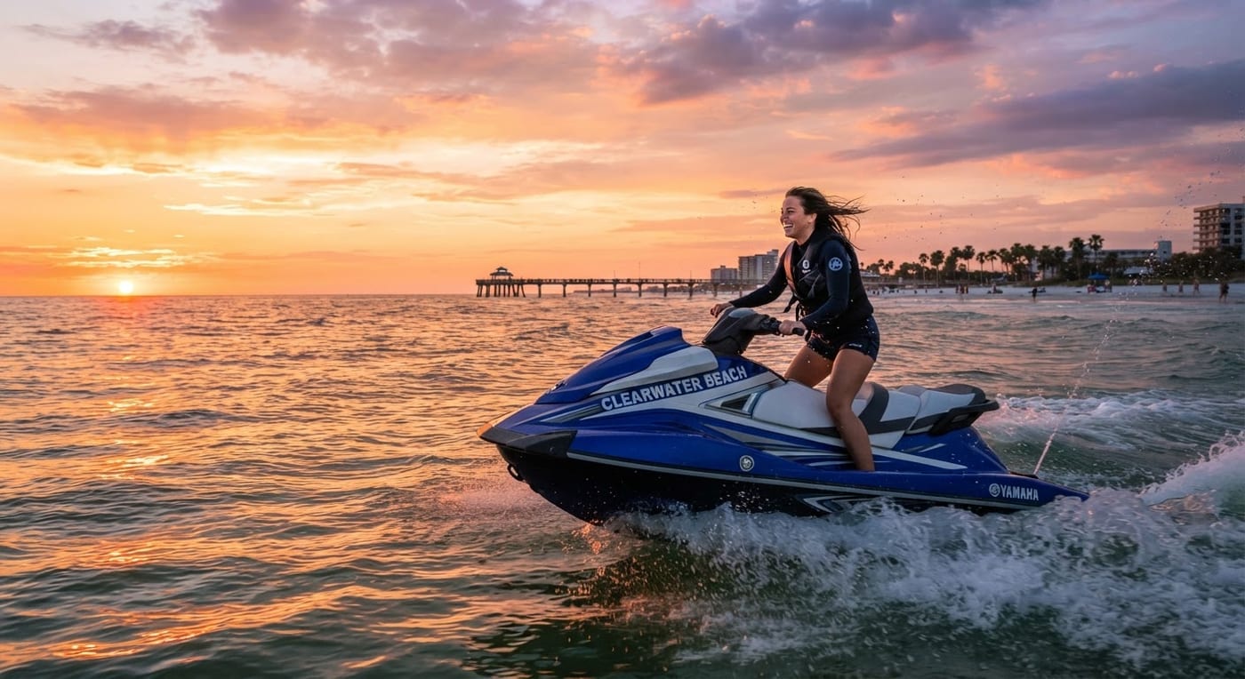 Una persona en moto acuática al atardecer en Clearwater Beach, con el muelle recortado sobre un cielo anaranjado.